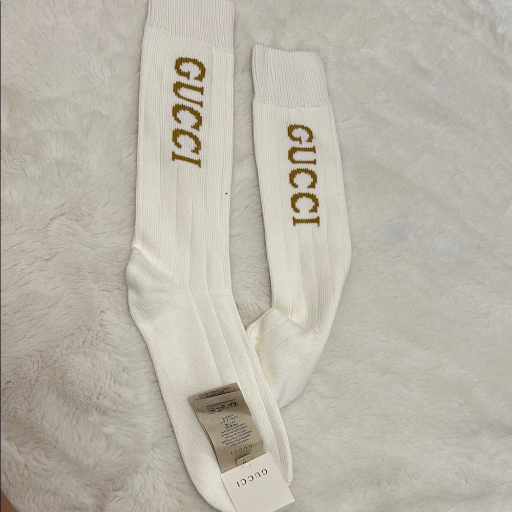 Gucci Gold Logo White Casual Socks